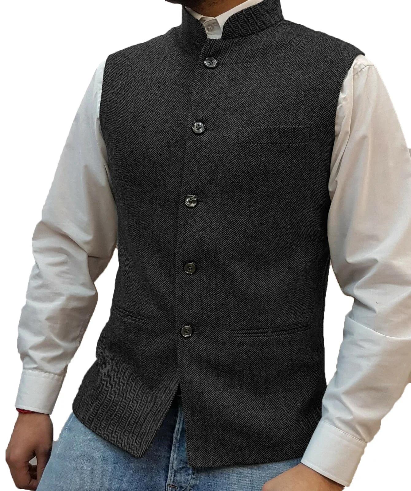 Vintage hommes col montant boutonné costume gilets solide mince sans manches vestes formelle affaire