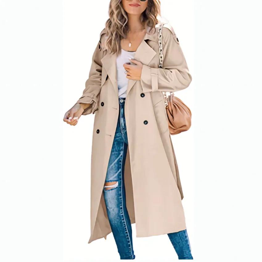 Tralike-Manteau mi-long pour femme, col rabattu, manches longues, double boutonnage, épissure élégan