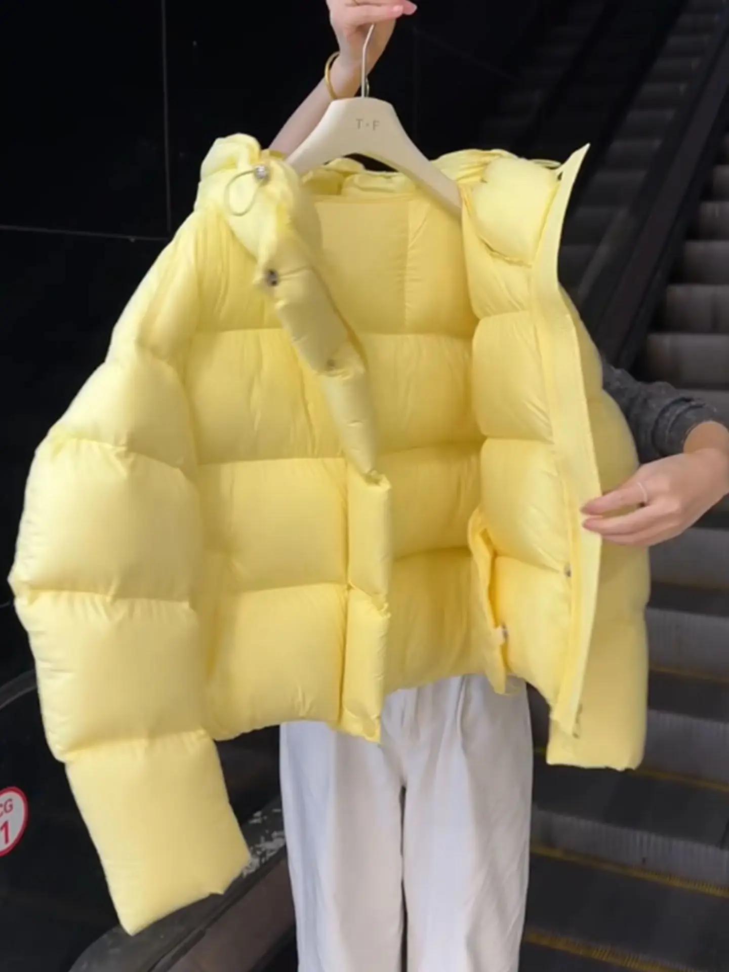 Doudoune Courte en Coton Jaune Oie pour Femme 2026 Automne Hiver Épaisse Chaude à Capuche Veste Exté