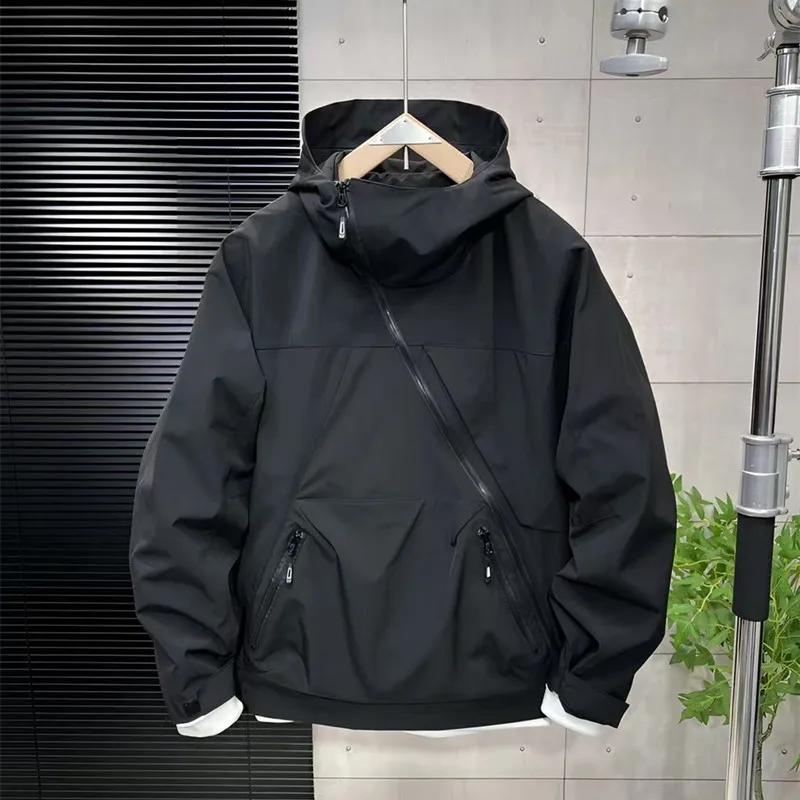 Veste pour hommes Harajuku vêtements de travail à la mode fermeture éclair diagonale à capuche coupe