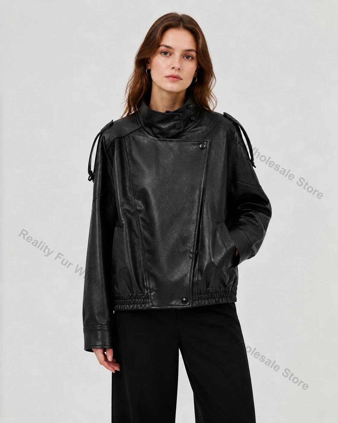 Veste en cuir pour femme, style chic streetwear, coupe ample, veste en cuir oversize pour femme, cui