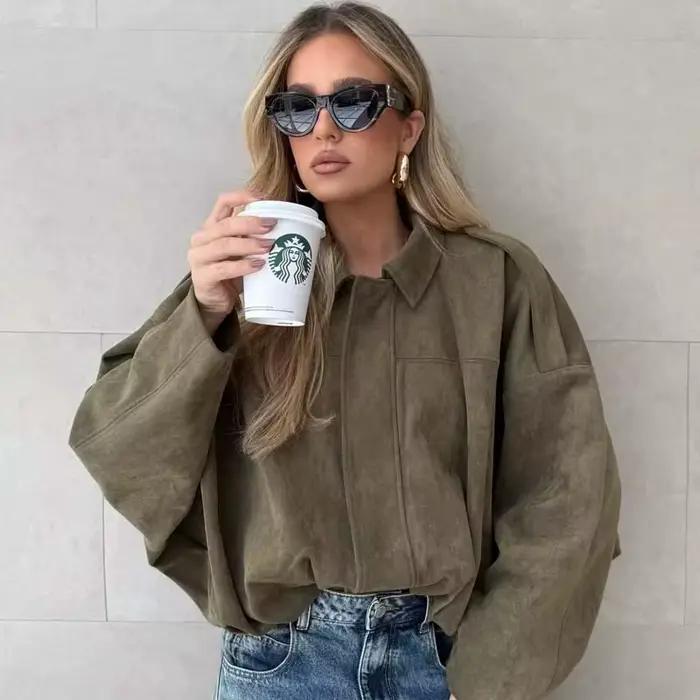 YENKYE nouveau 2025 femmes daim texturé Bomber veste à manches longues revers col manteaux amples dé