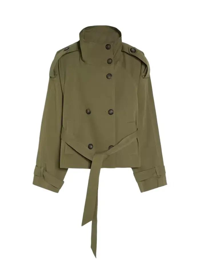 Veste coupe-vent élégante pour femme, col montant, double boutonnage, manches longues, poches, colle