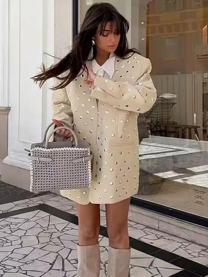 SLTNX Blazer décontracté pour femme avec décoration à rivets, manches longues, col en V, beige, mant