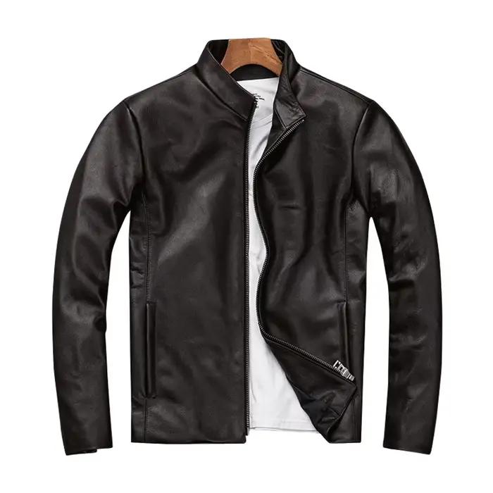Veste en cuir véritable pour homme, coupe slim, col montant, première couche de cuir de vachette, vê