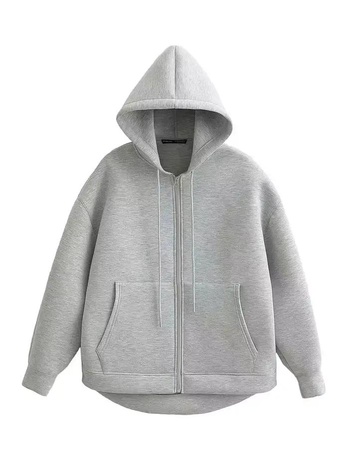 HH automne femmes gris veste avec capuche à manches longues grande poche veste à glissière manteau f