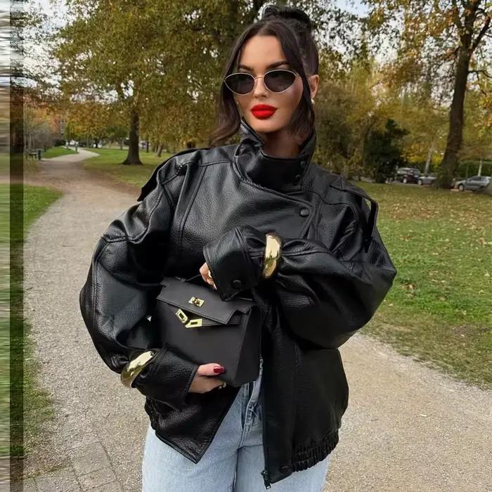 HXAO nouveauté femmes Bomber veste en cuir noir vestes recadrée surdimensionné vêtements d'extérieur