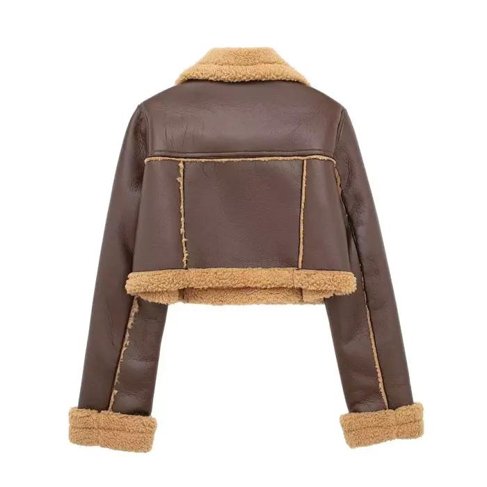 Vestes Courtes en Faux Cuir d'Agneau pour Femme, Fourrure, Fermeture Éclair, Chaud, Vintage, Automne