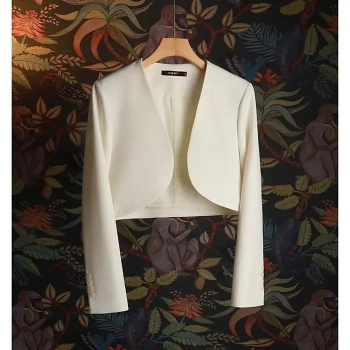 Vestes de costume courtes décontractées pour femmes, manteau blanc lait à manches longues, Cardigan