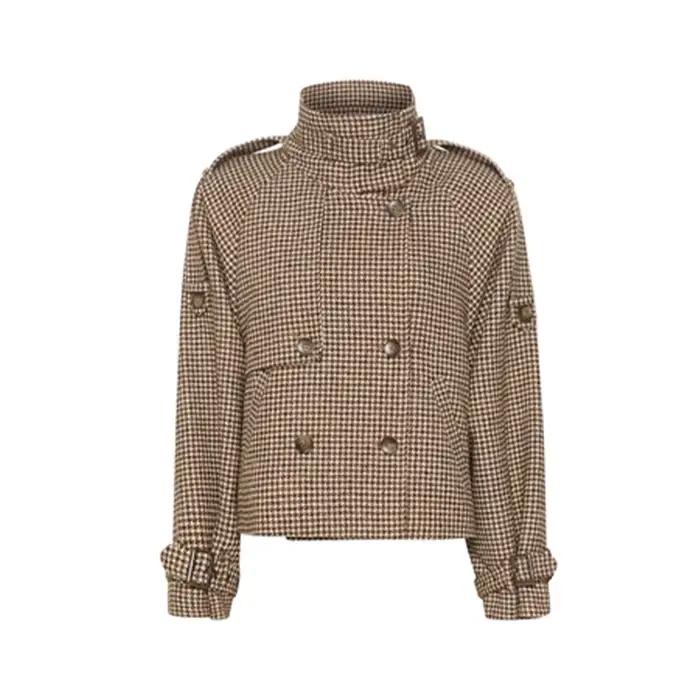 Veste à manches longues à carreaux pour femme, col montant, Double boutonnage, manteaux amples avec