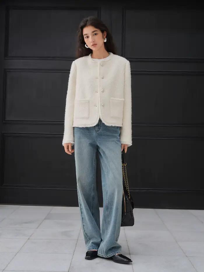 ZIQIAO – veste en laine à paillettes pour femme, épaules droites, Style français, haut blanc élégant
