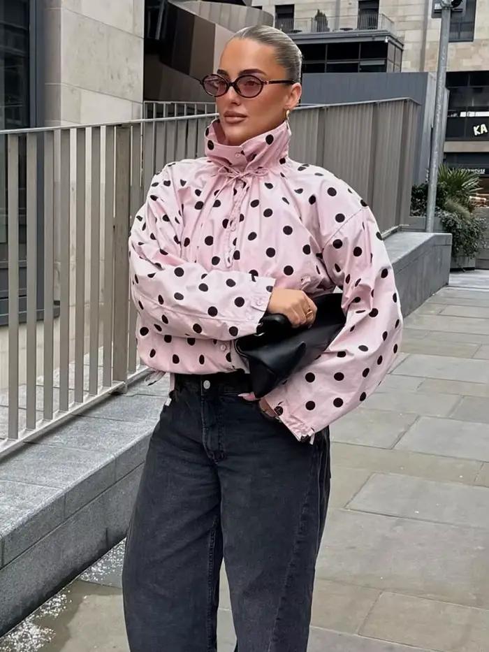 HH Tendance Printemps 2026 Manteaux Roses à Pois pour Femme, Col Roulé, Manches Longues, Boutons, St