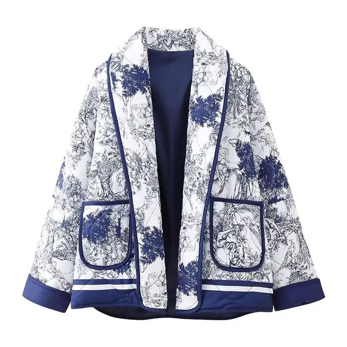 Veste décontractée en coton à imprimé bleu pour femme, automne-hiver, chaude, avec poches, style urb