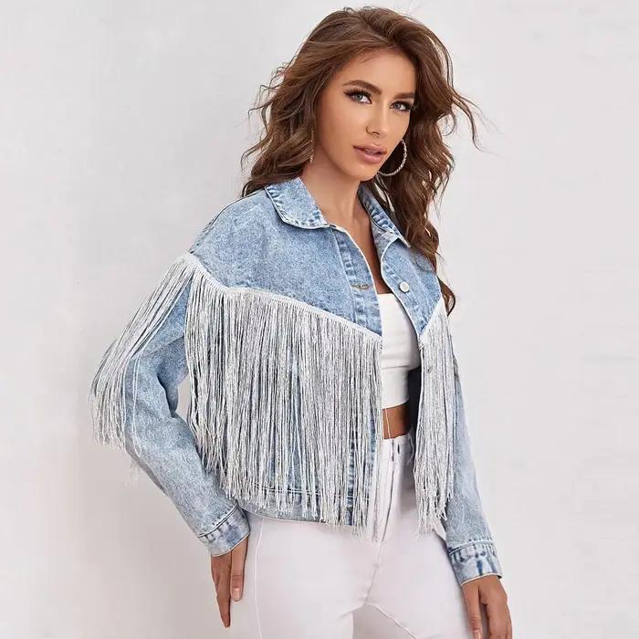 2025 nouvelle tendance veste en jean mode frangé revers déchiré veste en jean femmes Harajuku mantea