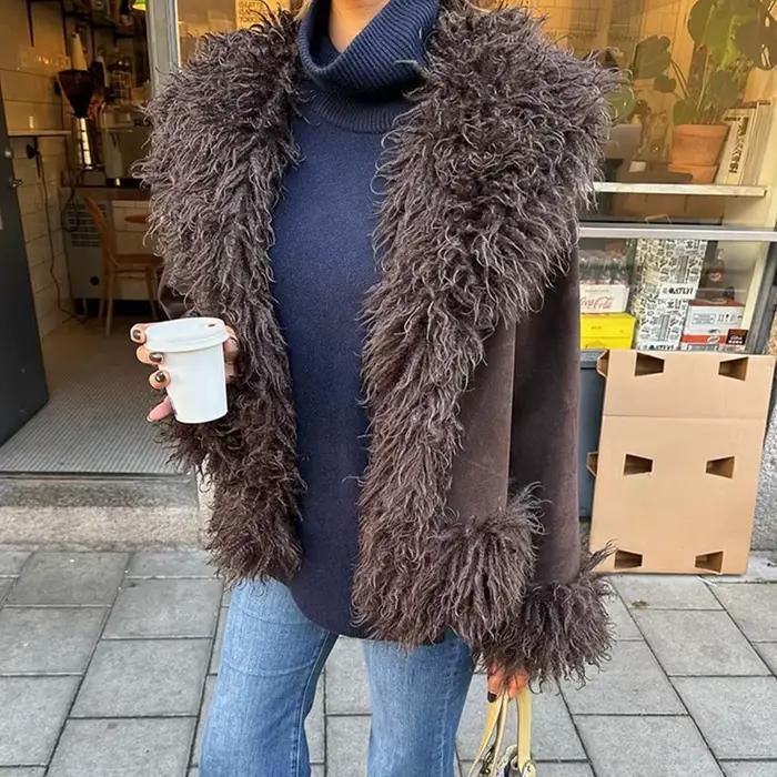 Manteaux en fausse fourrure pour femmes, élégants, revers en fourrure, manches longues, épais, mode