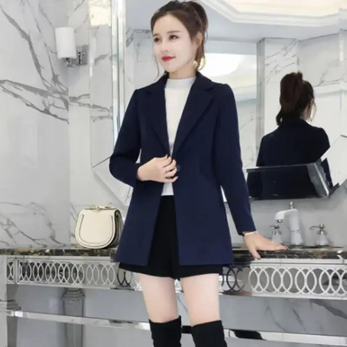 Manteau mi-long en laine mélangée pour femmes, veste monochrome, pardessus étudiant, vêtements corée