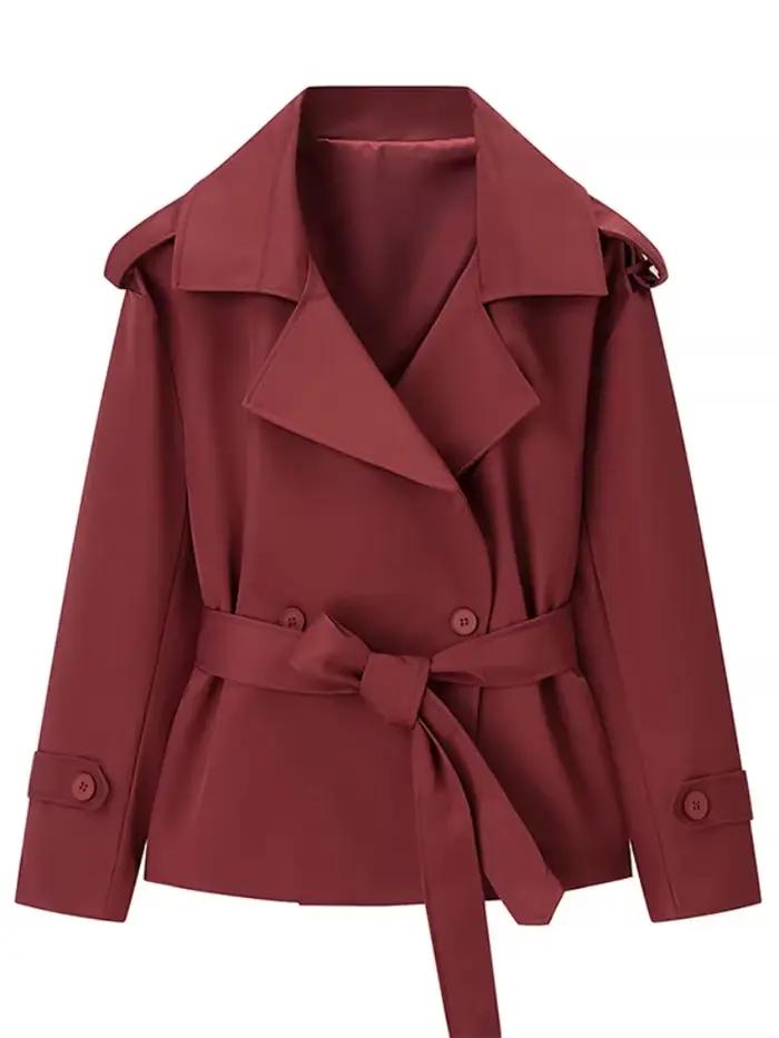 Manteau court trench pour femme, uni, à revers, avec ceinture, épaulettes, manches longues, boutonné