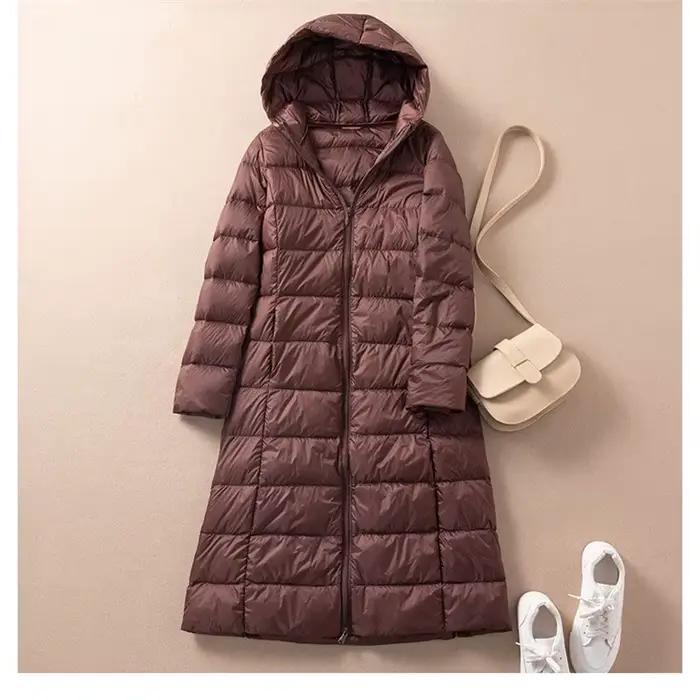 Parka longue à capuche en duvet de canard blanc pour femme, manteau chaud et léger, veste coupe-vent