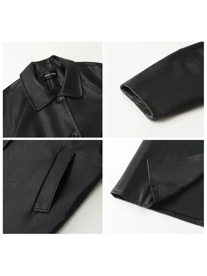 Manteau long en PU pour femme CHIC VEN, nouveau modèle décontracté avec ceinture, en similicuir, cou
