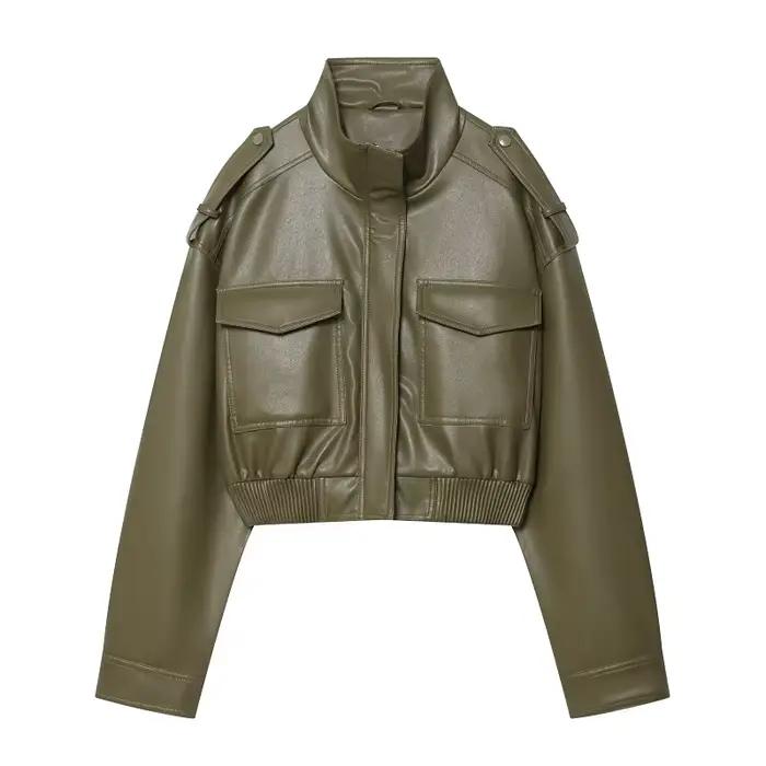 MUJER Faux cuir recadrée veste femmes Bomber Demi-saison vestes pour femmes à manches longues femmes