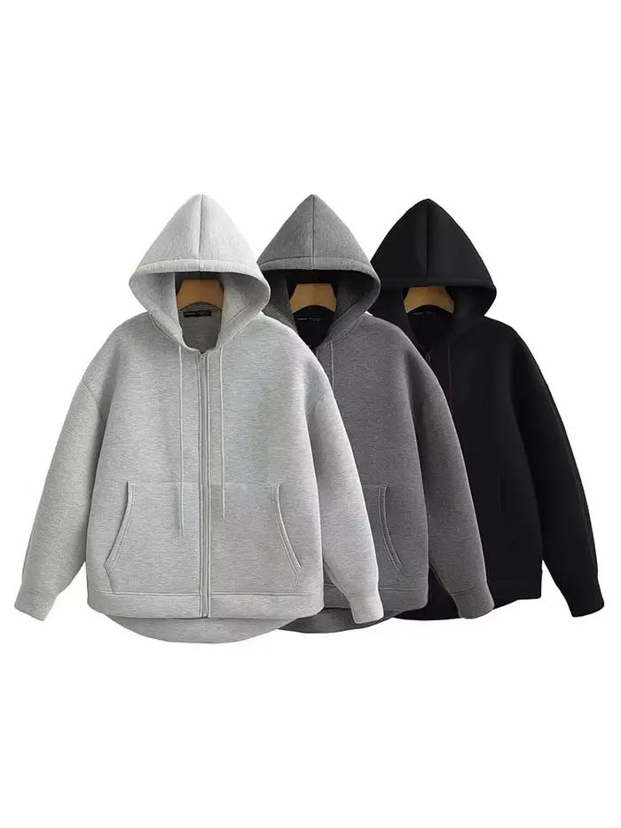 HH automne femmes gris veste avec capuche à manches longues grande poche veste à glissière manteau f