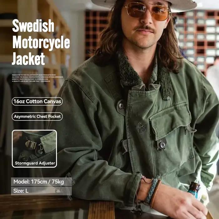 Maden rétro 16oz toile suédois moto vert veste poche Bomber veste décontracté chasse travail vêtemen