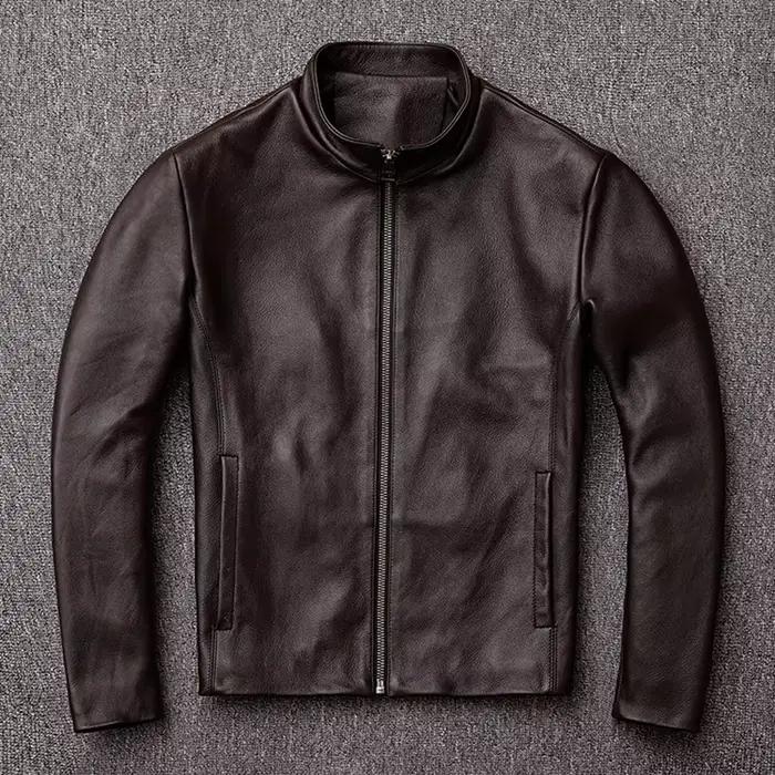 Veste en cuir véritable pour homme, coupe slim, col montant, première couche de cuir de vachette, vê