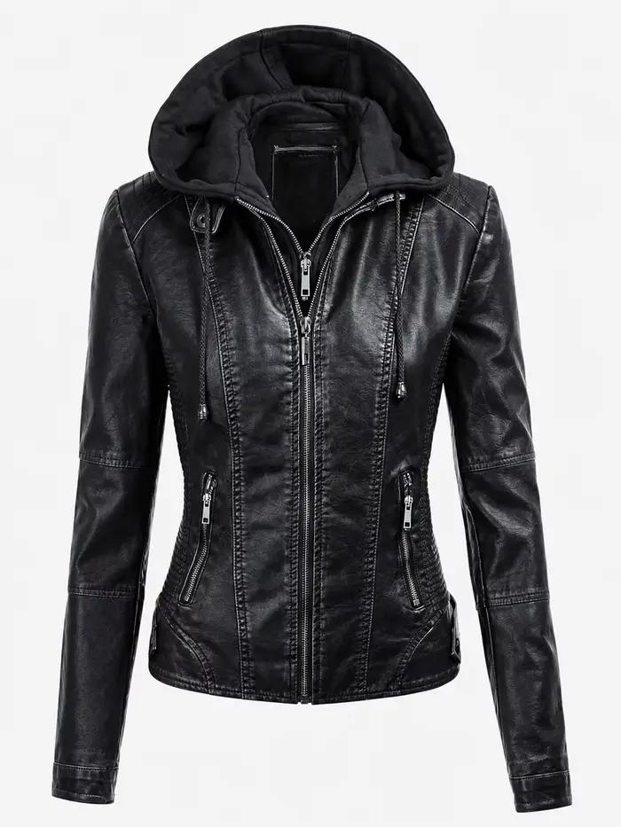 Nouvelle veste à capuche en PU pour femme 2026, style motard rétro punk, idéale pour le printemps et