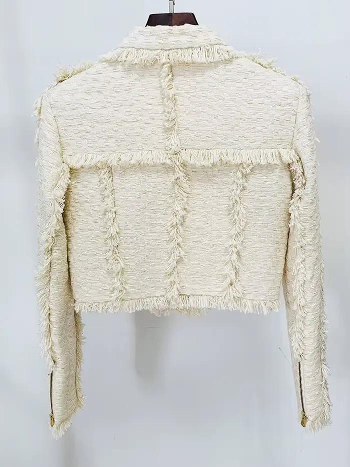 Veste en tweed à franges pour femmes, veste taillée avec pompons, mode de créateur, haut de gamme, E