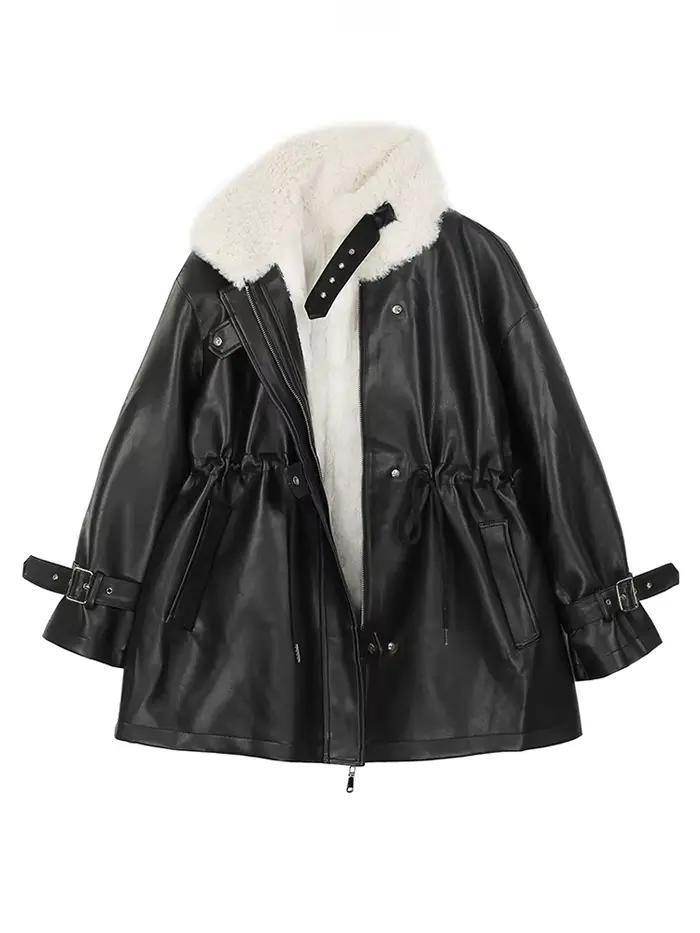 Nerazzurri Optics Blouson en Faux Cuir Noir pour Femme, Chaud, avec Niken Fourrure, Manches sulf, Fe