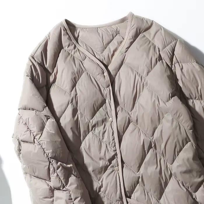 Veste longue en duvet de canard blanc ultraléger pour femme, col en V Argyle, vêtements d'extérieur