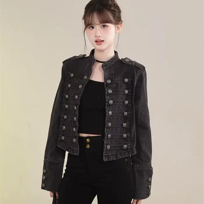 Vêtements pour femmes manteau court nouvelle veste en jean rétro bouton conception mince col montant