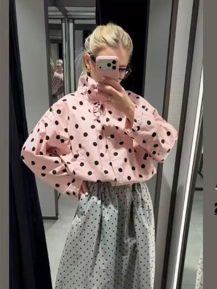 Vestes roses à pois pour femmes TFMLN, nouvelle mode printemps, imprimées, coupe ample, col montant,