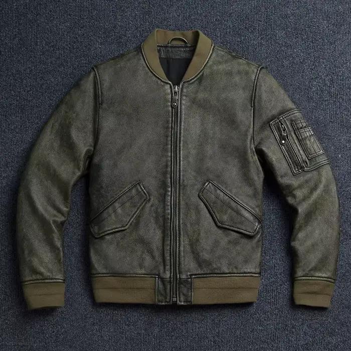Veste en cuir rétro pour hommes, vert armée MA1, combinaison de vol en cuir de vache naturel, mantea