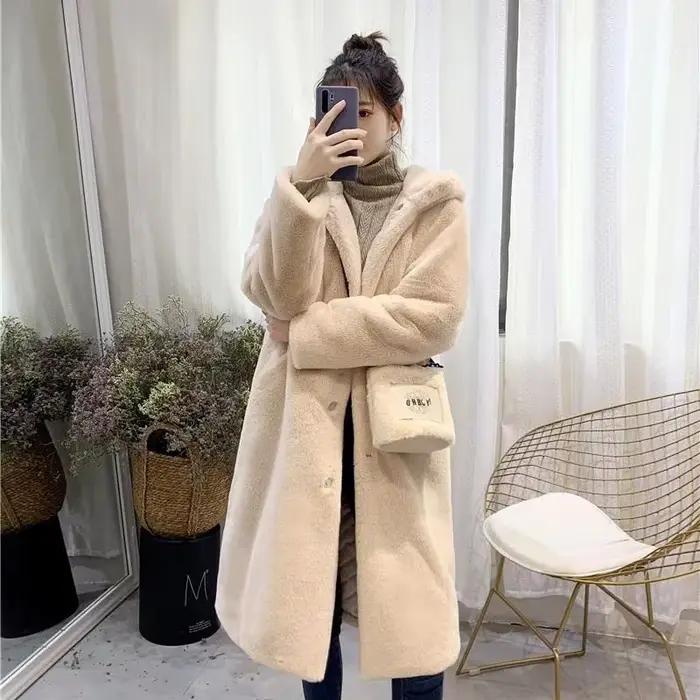 Manteau d'Hiver en Fausse Fourrure pour Femme, à Capuche, Long, Chaud, en Peluche, Grande Taille, 20