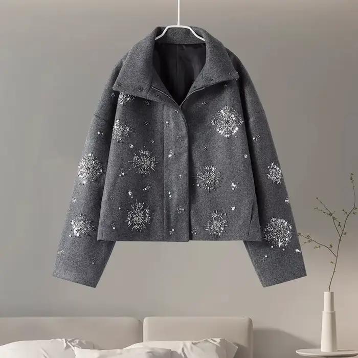 Manteau chic luxueux à perles pour femmes, vêtements d'extérieur en laine, vestes à manches longues,
