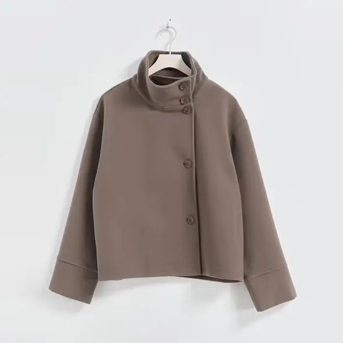 Veste en laine à col montant pour femme, manteau court, manches longues, simple boutonnage, dame de