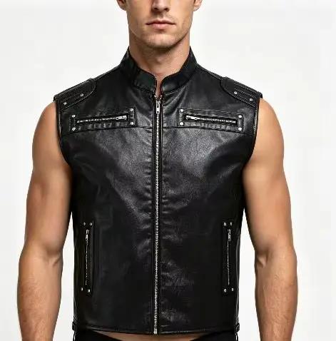 Blouson de moto pour homme, design uni, pour les motards. Veste en cuir sans manches en PU.