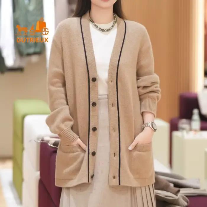 Cardigan en cachemire à col en v pour femme, manteau élégant et décontracté, Style minimaliste, 100%