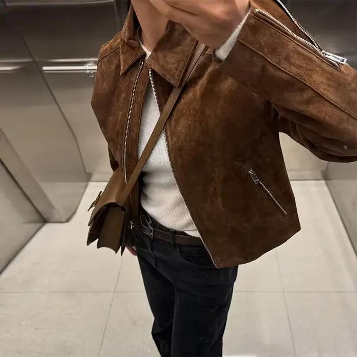 Vestes courtes en daim rétro pour femmes, manteaux décontractés à revers, manches longues, fermeture