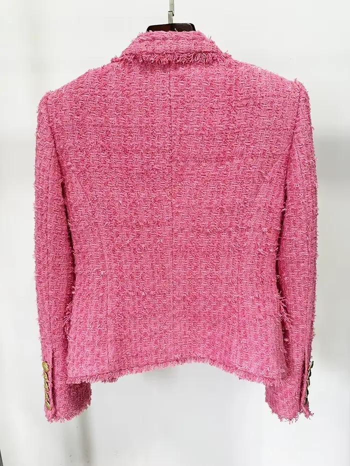 HIGH STREET Nouveauté 2026 FW Blazer en tweed pour femme, coupe ajustée, à franges et pompons, de cr