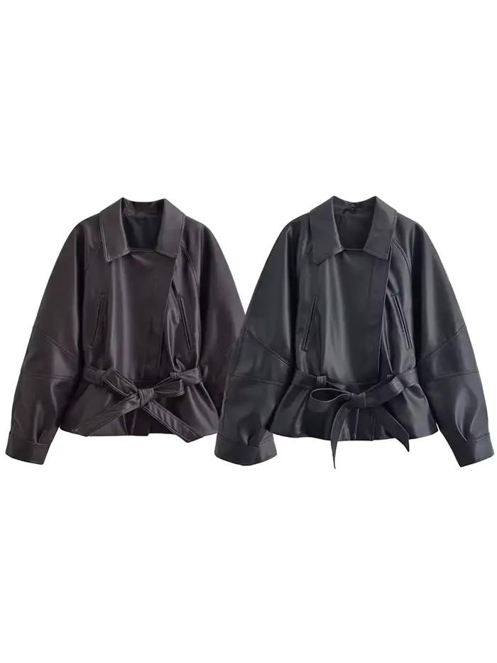 HH Vintage – Vestes noires en similicuir PU pour femme, avec ceinture, manches longues, col à revers