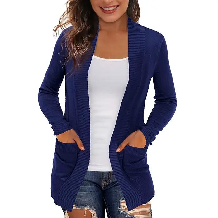 Cardigan en tricot pour femmes, manteau mi-long, manches longues, poches, col en V, pull solide, man
