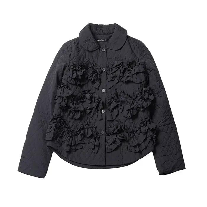 Veste matelassée noire à volants en treillis – Manteau en coton matelassé Shopping et tir à la mode