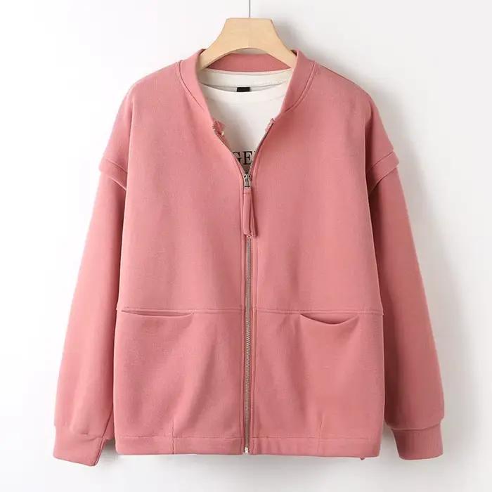Veste de printemps-automne pour femme avec fermeture éclair en laiton, grande taille, épaules tomban