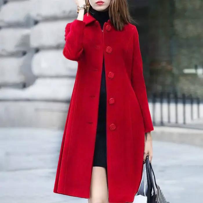 Veste mi-longue à col rabattu pour femme, manteau, simple boutonnage, couleur unie, élégante, douce,