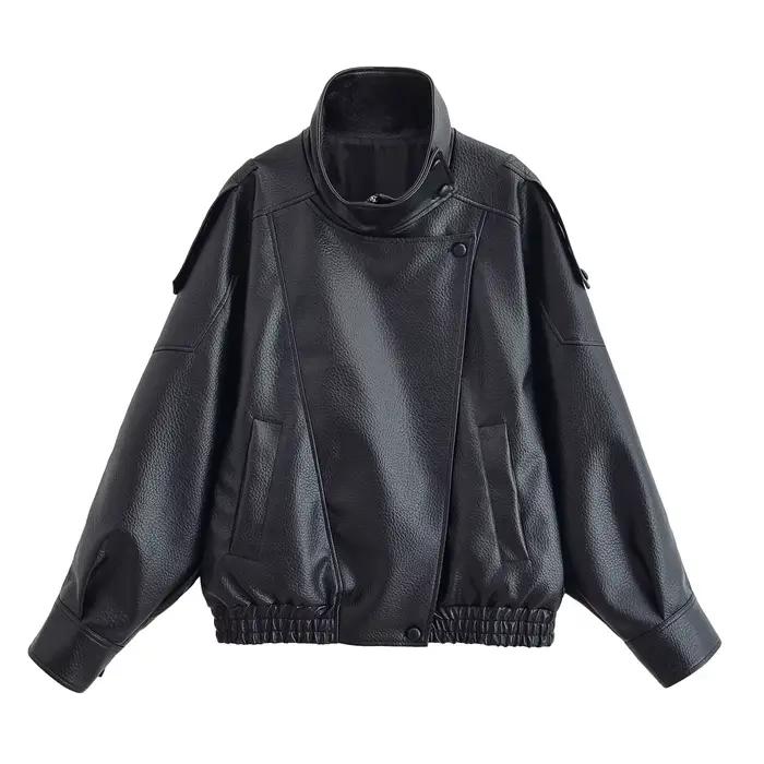 HH automne veste en simili cuir pour femmes décontracté solide fermeture éclair manches longues en c