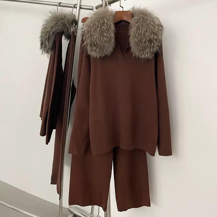 Réalité fourrure veste pull ensemble femme printemps tricoté costume tricots femme réel renard col d