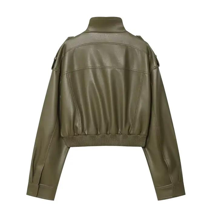 MUJER Faux cuir recadrée veste femmes Bomber Demi-saison vestes pour femmes à manches longues femmes