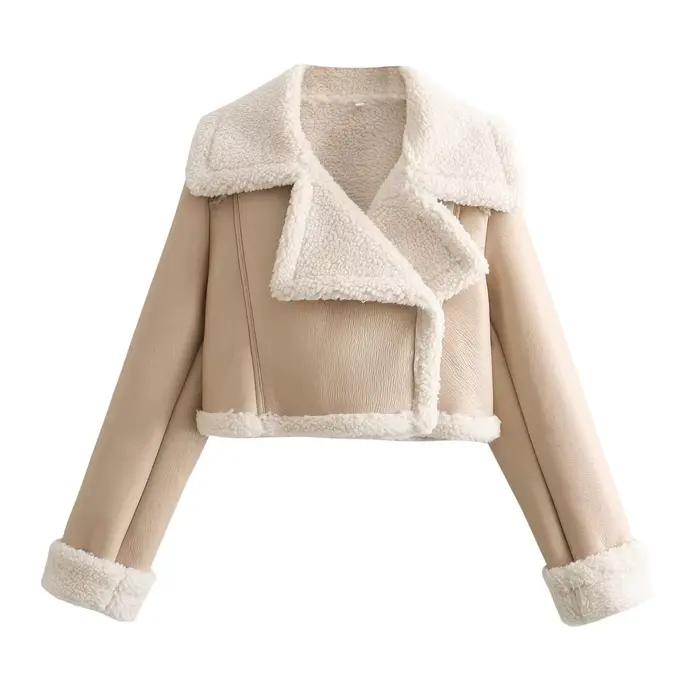 Vestes Courtes en Faux Cuir d'Agneau pour Femme, Fourrure, Fermeture Éclair, Chaud, Vintage, Automne